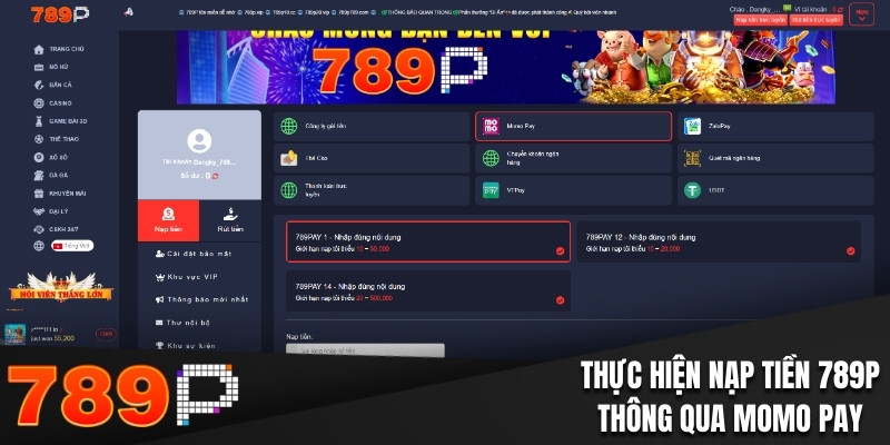 Thực hiện nạp tiền 789P thông qua Momo Pay